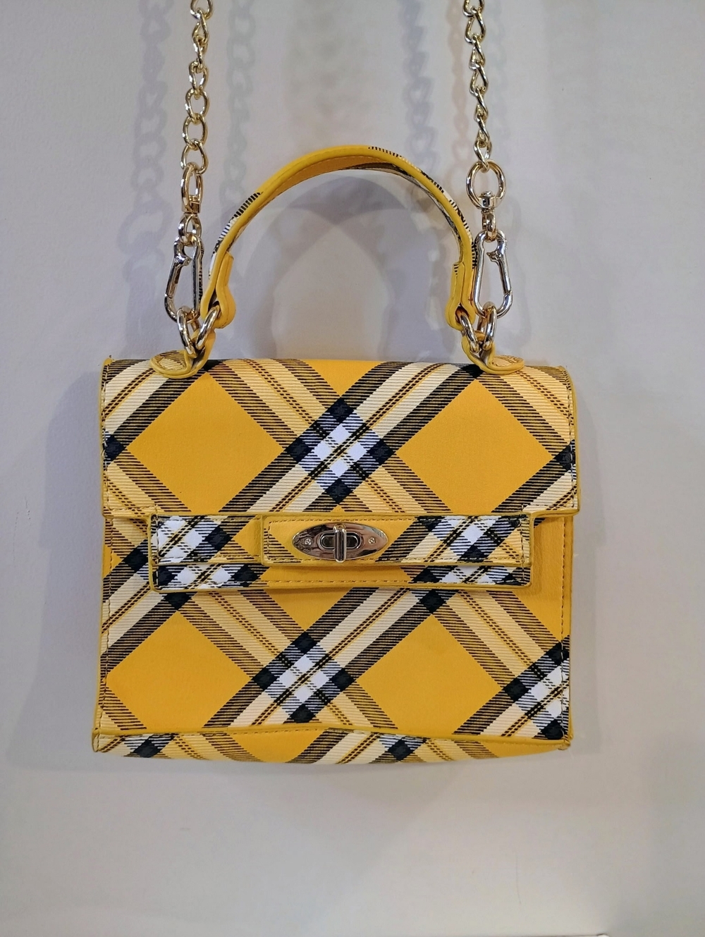 Steve Madden Yellow Plaid Mini Crossbody Bag with Chain Strap - Picture 2 of 8